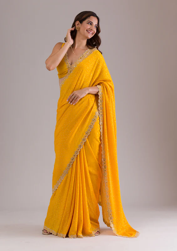 Mustard Crepe Mirrorwork Saree With Matching Blouse Piece
