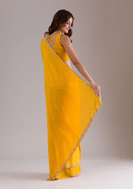 Mustard Crepe Mirrorwork Saree With Matching Blouse Piece - Image 3