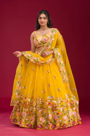 Yellow Threadwork Tissue Readymade Lehenga